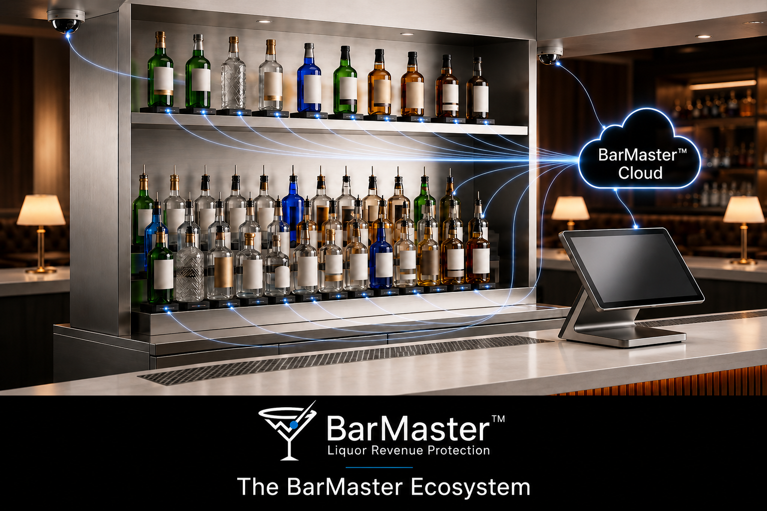 The BarMaster™ ecosystem: stockroom tags, back bar tile sensors, speed rail sensors, POS, cameras, and management dashboards all tied together in one closed loop
