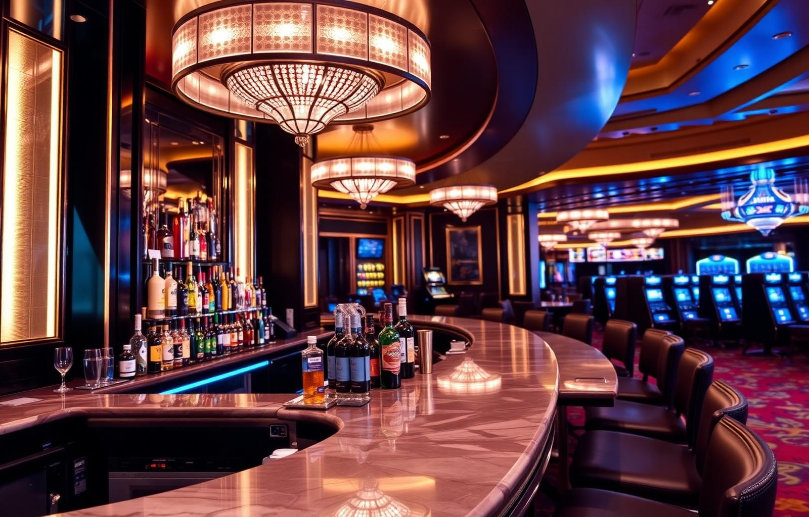 Elegant casino bar with premium liquor display and gaming floor in the background